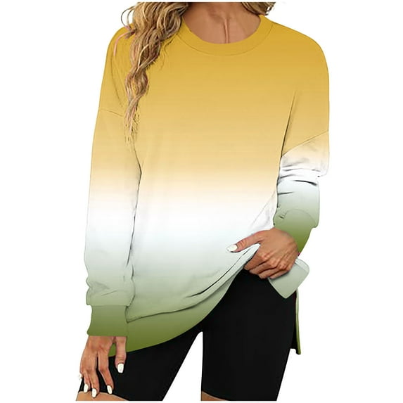 Annhoo Crewneck Sweatshirts Women Long Sleeve Gradient Color Pullovers Fall Trendy Side Slit Clothes