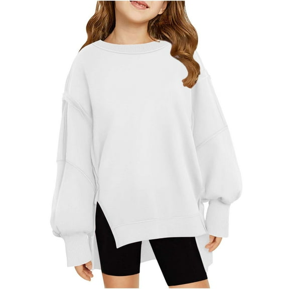 Annhoo Crewneck Sweatshirts for Girls Fall Side Slit Long Sleeve Tops Kids High Low Hem Loose Outfits 5-13 Years