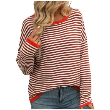 Annhoo Crewneck Sweatwes for Women Fall Color Block Long Sleeve Striped Tops Casual Soft Knitted Pullovers