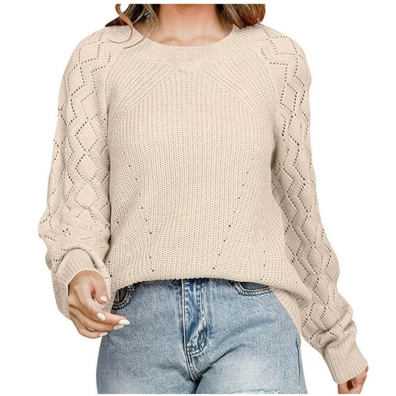 Annhoo Crochet Sweaters for Women Casual Long Sleeve Crewneck Knitwear Fall Fashion Cutout Pullover Tops