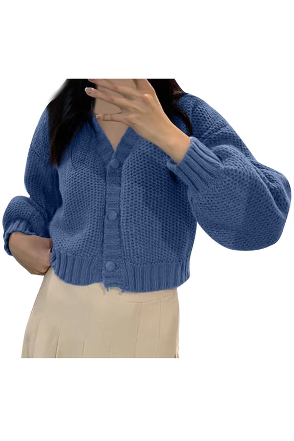 Crop Sweaters for Women Fall Comfy Long Sleeve Button down Knitted Tops Casual Soft V Neck Outwear