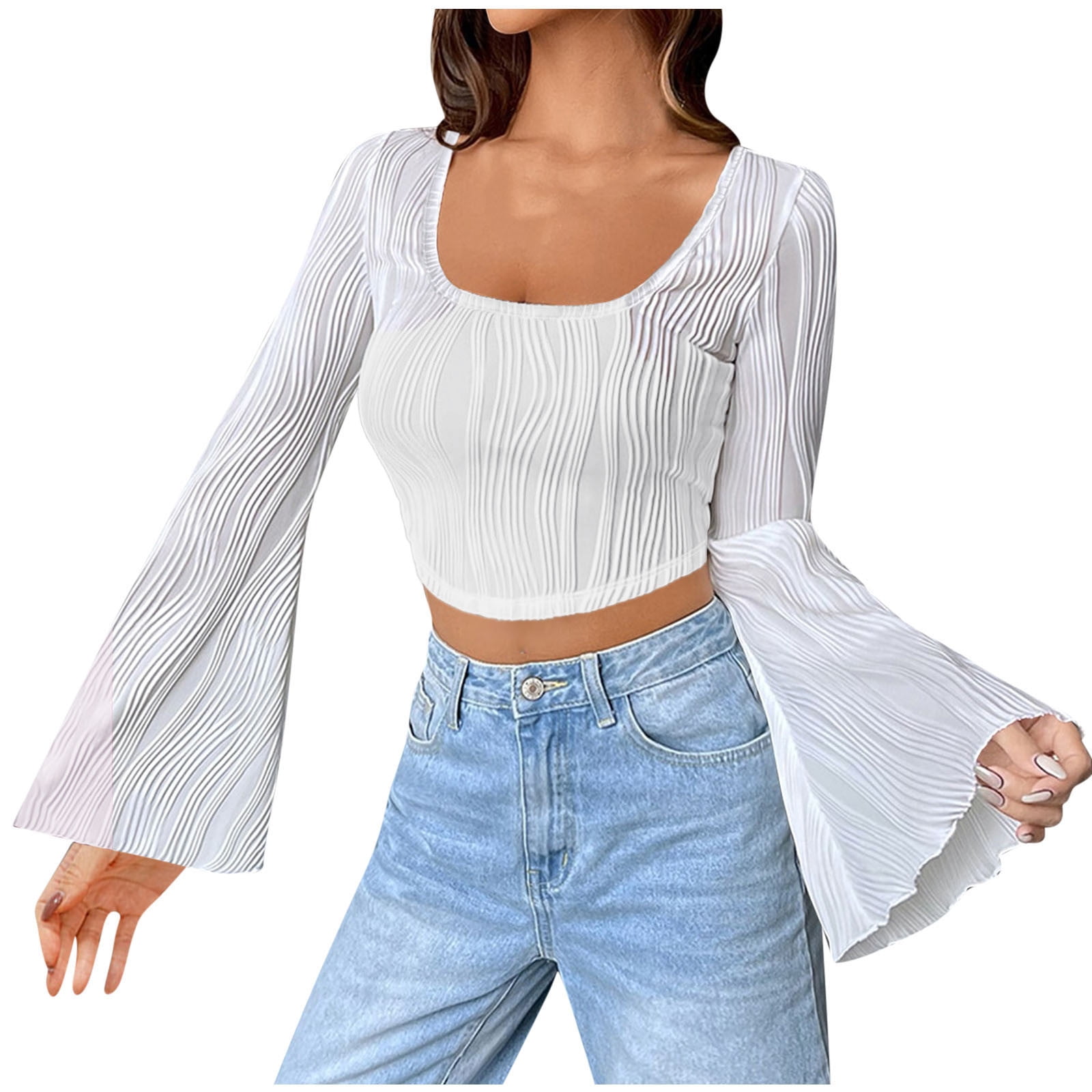 Annhoo Crop Tops for Women Long Flare Sleeve Scoop Neck T Shirts