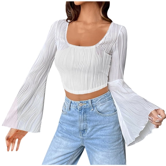 Annhoo Crop Tops for Women Long Flare Sleeve Scoop Neck T Shirts Fall Fashion Textures Going out Blouse Tees