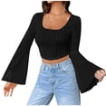 thumbnail image 1 of Annhoo Crop Tops for Women Long Flare Sleeve Scoop Neck T Shirts Fall Fashion Textures Going out Blouse Tees, 1 of 9