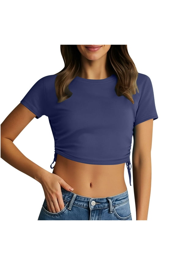 Crop Tops for Women Round Neck Solid Color Drawstring Side Slim Short Sleeve Shirts Casual Fashion Clothes