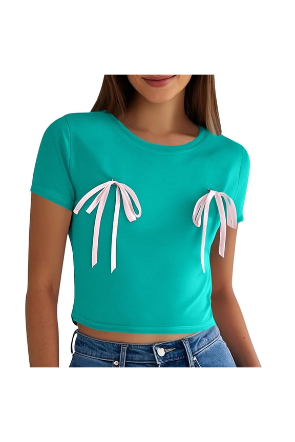 Crop Tops for Women Solid Color Crewneck Cute Decor Slim Short Sleeve T Shirts Spring Summer Clothes