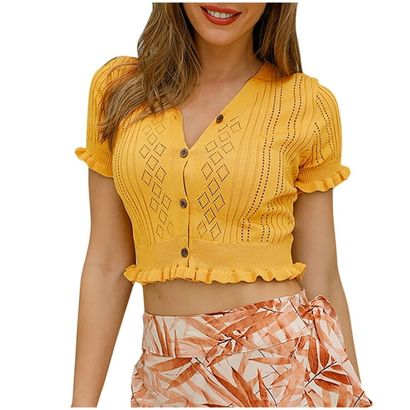 Annhoo Cropped Shirts for Women Cute Ruffle Trim Short Sleeve Button down Tops Summer Eyelet Beach Blouses
