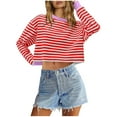 thumbnail image 1 of Annhoo Cropped Sweatshirt for Women Fall Casual Long Sleeve Crewneck Striped Tops Loose Color Block Clothes, 1 of 5