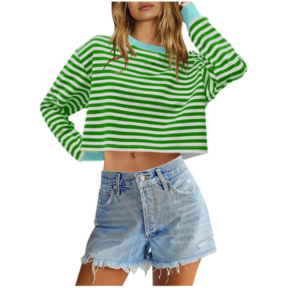 Annhoo Cropped Sweatshirt for Women Fall Casual Long Sleeve Crewneck Striped Tops Loose Color Block Clothes