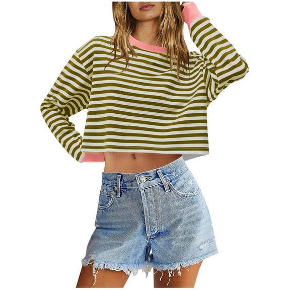 Annhoo Cropped Sweatshirt for Women Fall Casual Long Sleeve Crewneck Striped Tops Loose Color Block Clothes