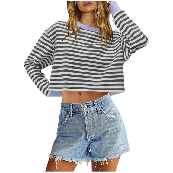 Annhoo Cropped Sweatshirt for Women Fall Casual Long Sleeve Crewneck Striped Tops Loose Color Block Clothes