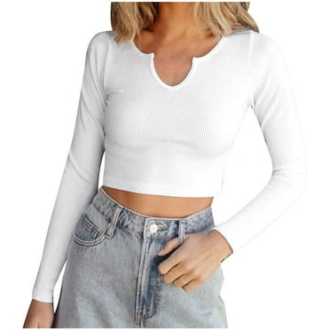 Annhoo Cropped Tops for Women Fall Long Sleeve Scoop Neck V Notch Shirts Comfy Knit Ribbed Slim T-Shirts