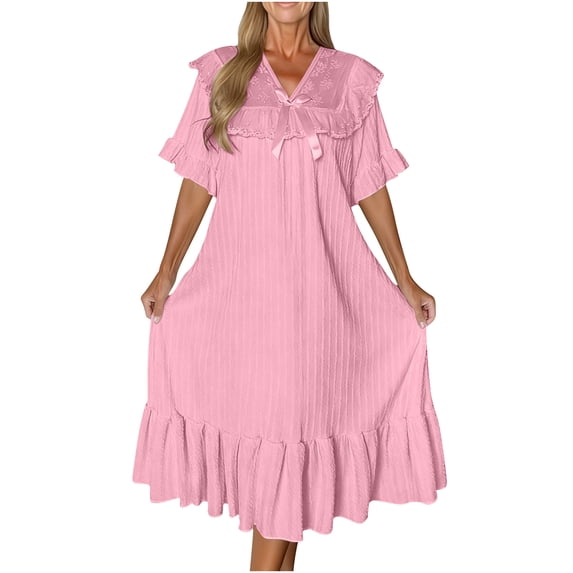 Annhoo Cute Nightgown for Women Solid Color V Neck Lightweight Pleated Lacework Short Sleeve Nightdress Soft Clothes