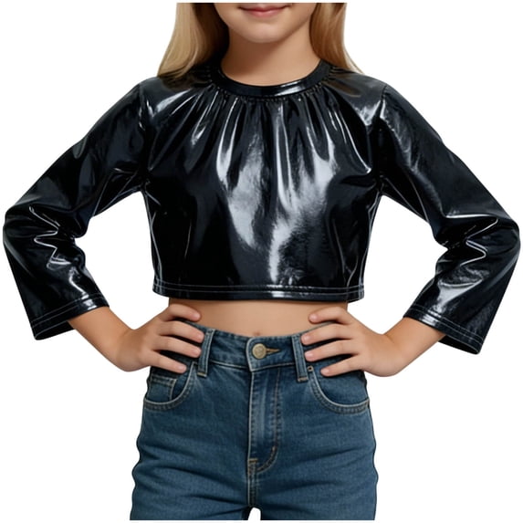 Annhoo Dancewear Tops for Girls Long Sleeve Solid Color Pullover Pleated Crewneck Shirts Trendy Clothes