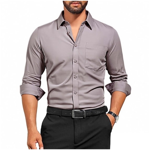 Annhoo Dressy Shirts for Mens Collar Button Down Long Sleeve Solid Color Business Tops with Pocket Casual Clothes