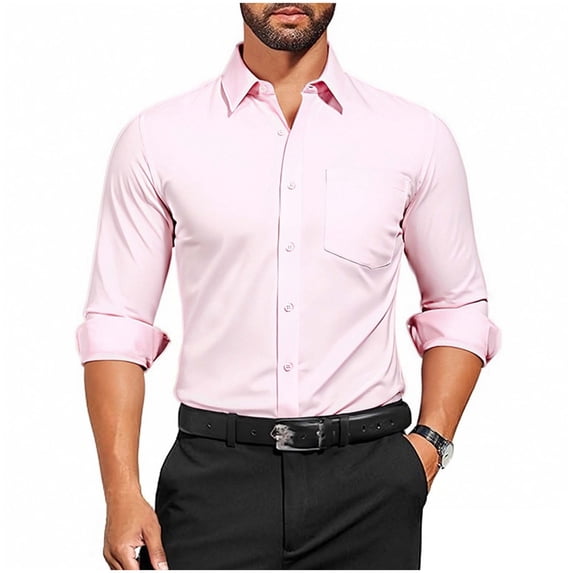Annhoo Dressy Shirts for Mens Collar Button Down Long Sleeve Solid Color Business Tops with Pocket Casual Clothes
