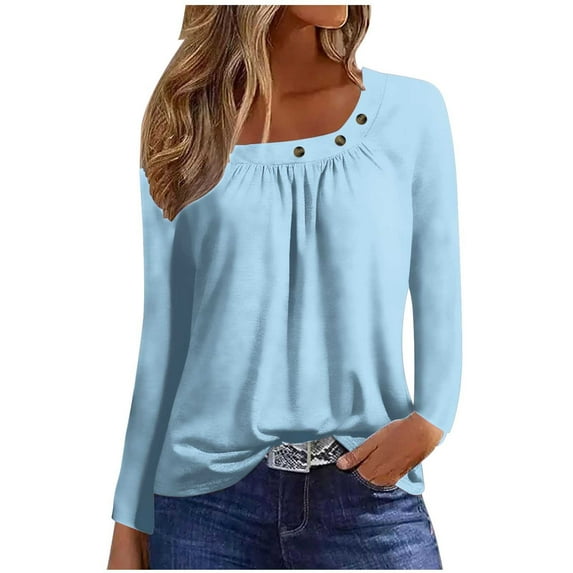 Annhoo Dressy Tops for Women Fall Casual Pleated Button Square Neck Long Sleeve Shirts Loose Solid Vacation T-Shirt