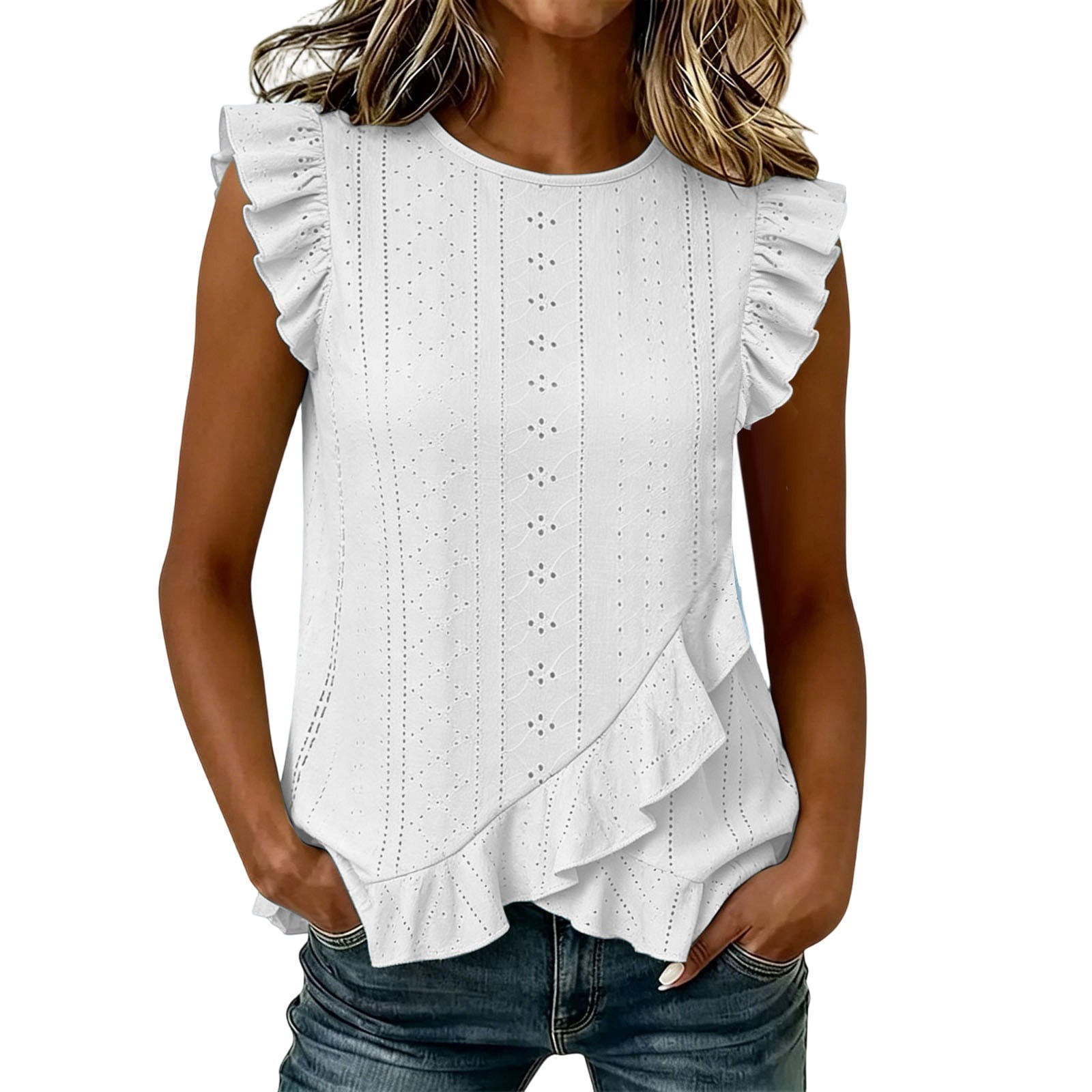 Annhoo Eyelet Tops for Women Ruffle Sleeveless Crew Neck Blouse Loose ...