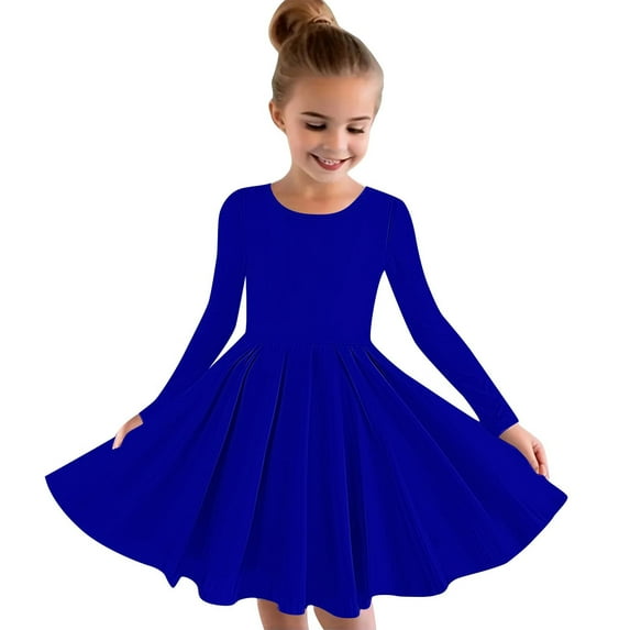 Annhoo Fall Dresses for Girls 2025 Casual Pleated Long Sleeve Round Neck A-Line Dress Solid Dresses Dancewear