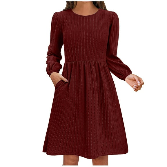 Annhoo Fall Dresses for Women Long Sleeve Crewneck Mini Dress Casual Knitted Sweater Dress with Pockets