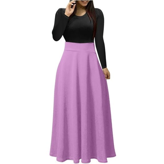 Annhoo Fall Dresses for Women Long Sleeve Color Block Casual Dress Elegant High Waist Crewneck Maxi Dress