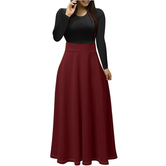 Annhoo Fall Dresses for Women Long Sleeve Color Block Casual Dress Elegant High Waist Crewneck Maxi Dress