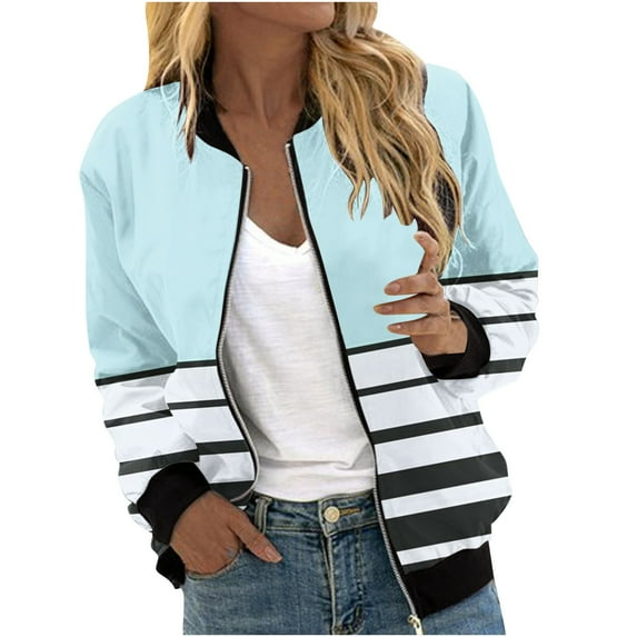 Annhoo Fall Jackets for Women 2025 Long Sleeve Zip up Stand Collar Bomber Jacket Fall Trendy Color Block Striped Coat