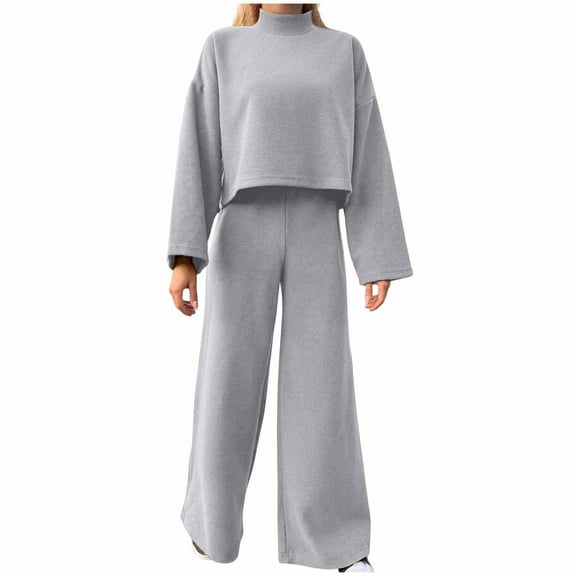 Annhoo Fall Outfits for Women 2 Piece Casual Long Sleeve Mock Neck Tops and Wide Leg Pants Baggy Solid Lounge Sets