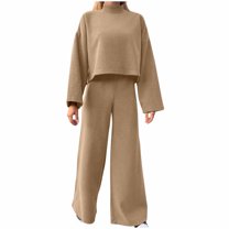 Annhoo Fall Outfits for Women 2 Piece Casual Long Sleeve Mock Neck Tops and Wide Leg Pants Baggy Solid Lounge Sets