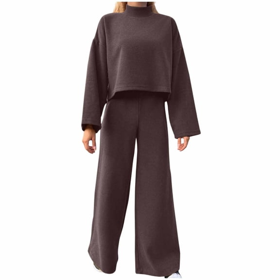 Annhoo Fall Outfits for Women 2 Piece Casual Long Sleeve Mock Neck Tops and Wide Leg Pants Baggy Solid Lounge Sets