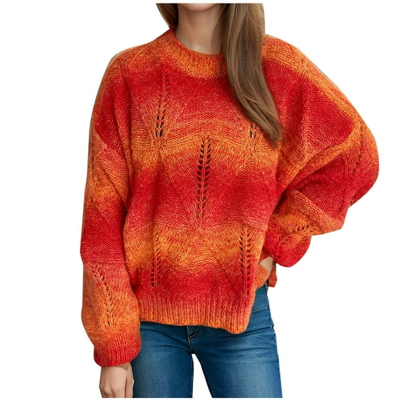 Annhoo Fall Sweaters for Women Trendy Printed Long Sleeve Crew Neck Tops Hollow out Knitted Pullover Shirts