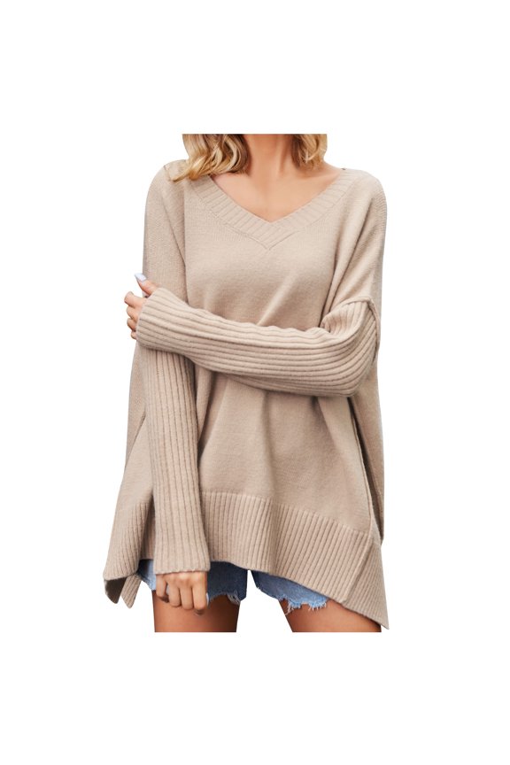Fall Sweaters for Women Baggy V Neck Long Sleeved Knitted Tops Trendy Side Slit Sweater Shirts