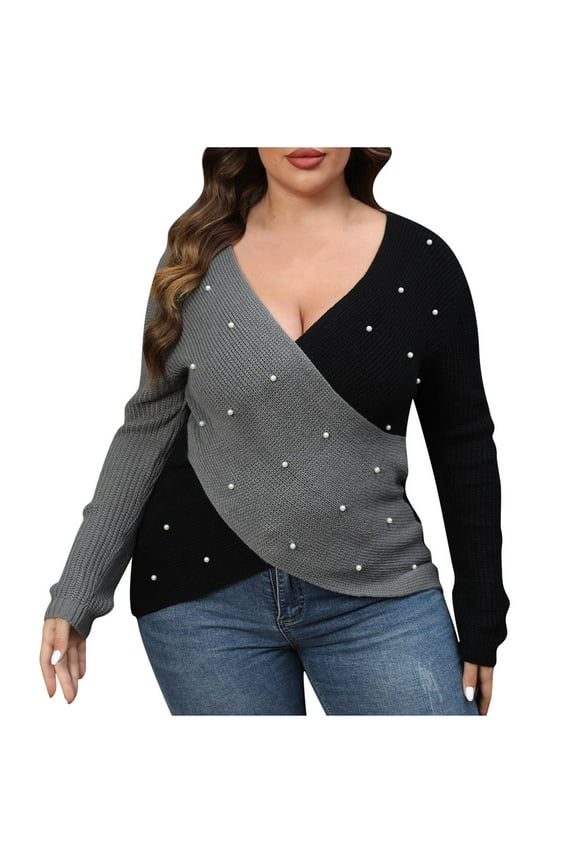 Fall Sweaters for Women Trendy Cross Front Long Sleeve V Neck Knit Tops Plus Size Color Block Knitwear