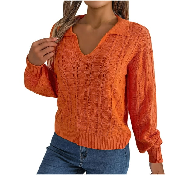 Annhoo Fall Sweaters for Women V Neck Lapel Long Sleeve Knitted Tops Ladies Casual Loose Pullover Shirts