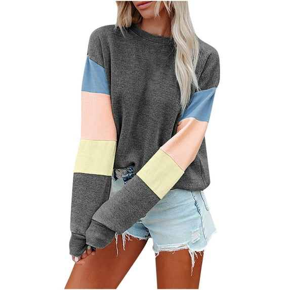 Annhoo Fall Sweatshirts for Women Trendy Color Block Long Sleeve Crewneck Pullover Casual Loose Crop Shirts