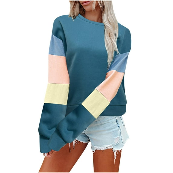 Annhoo Fall Sweatshirts for Women Trendy Color Block Long Sleeve Crewneck Pullover Casual Loose Crop Shirts