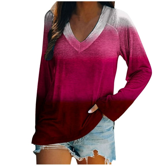 Annhoo Fall T Shirts for Women Casual Long Sleeve Round Neck Blouse Trendy Gradient Color Loose Tops