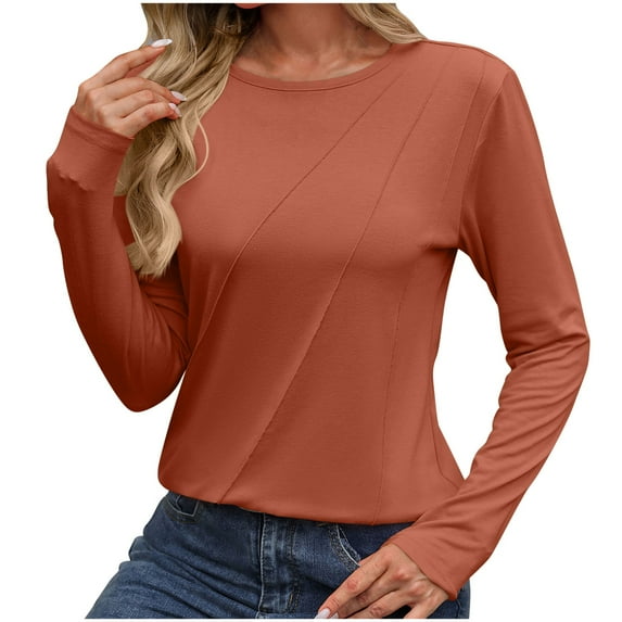 Annhoo Fall T Shirts for Women Long Sleeve Casual Pleated Round Neck Blouses Solid Color Slim Going out Tops