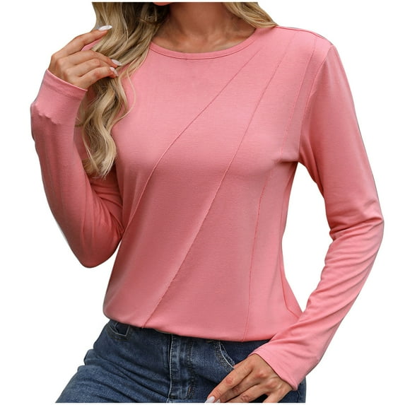 Annhoo Fall T Shirts for Women Long Sleeve Casual Pleated Round Neck Blouses Solid Color Slim Going out Tops