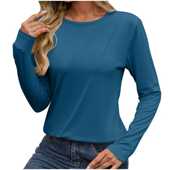 Annhoo Fall T Shirts for Women Long Sleeve Casual Pleated Round Neck Blouses Solid Color Slim Going out Tops