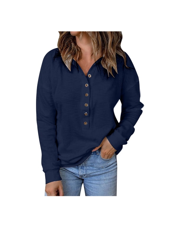 Fall Tops for Women Casual Long Sleeve Button Front Collared Shirts Ladies Comfy Knitted Blouse Tees
