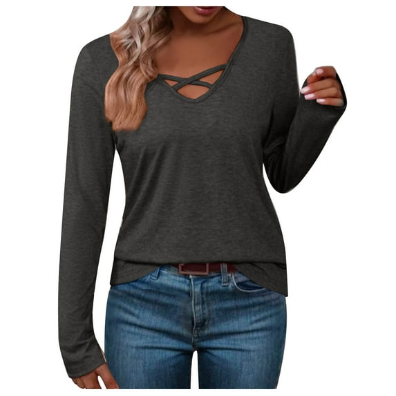 Annhoo Fall Tops for Women Cross Front V Neck Long Sleeve Blouses Casual Loose Going out Shirts