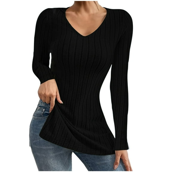 Annhoo Fall Tops for Women Elegant Slim Long Sleeve V Neck Knitted Tees Fashion Side Slit Dressy Shirts