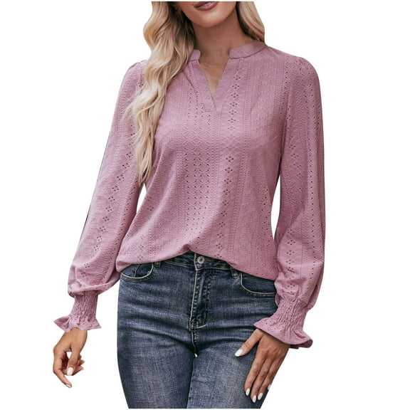 Annhoo Fall Tops for Women 2025 Puff Long Sleeve Casual V Neck Eyelet Blouses Trendy Cutout Going out T Shirts