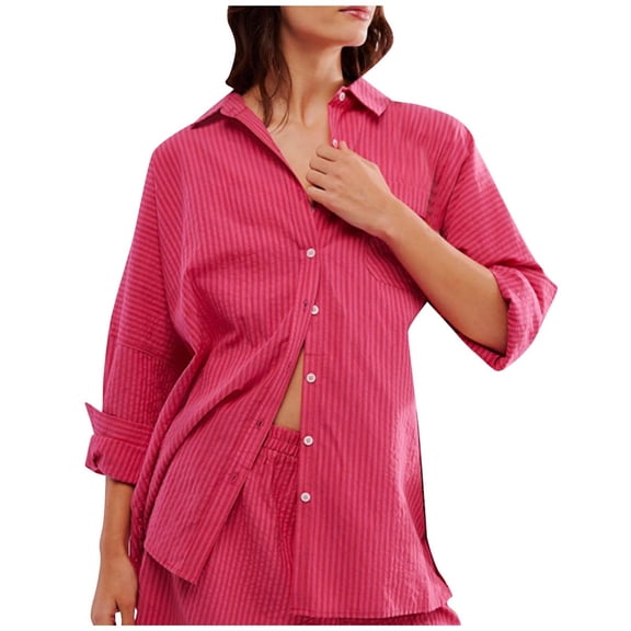 Annhoo Fall Tops for Women Casual Long Sleeve Button down Collared Shirts Fashion Stripes Print Blouse Tees