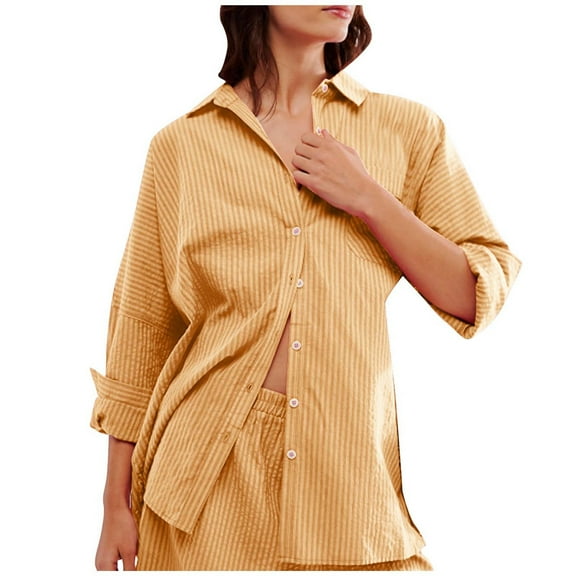 Annhoo Fall Tops for Women Casual Long Sleeve Button down Collared Shirts Fashion Stripes Print Blouse Tees