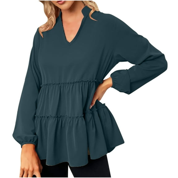 Annhoo Fall Tops for Women Long Sleeve V Neck Collared Dressy Shirts Fashion Pleated Ruffle Hem Blouse Tees