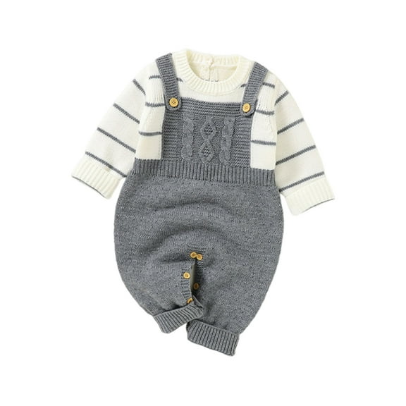 Annhoo Fall Winter Baby Knitted Clothes Casual Long Sleeve 2 in 1 Rompers Newborn Color Block Striped Sweater Jumpsuits