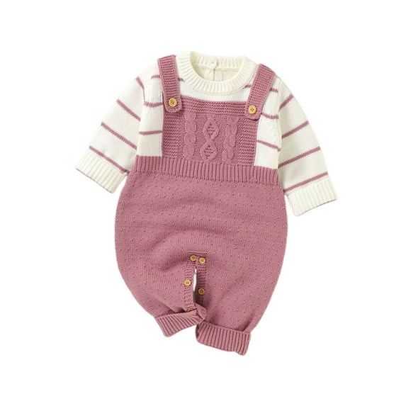 Annhoo Fall Winter Baby Knitted Clothes Casual Long Sleeve 2 in 1 Rompers Newborn Color Block Striped Sweater Jumpsuits