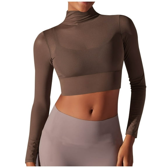 Annhoo Fall Workout Tops for Women Long Sleeve High Neck Basic Cropped Tees Casual Yoga Slim Shirts